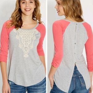 Maurices Womens Small Crochet Lace Front Open Button Back Raglan Shirt Coral